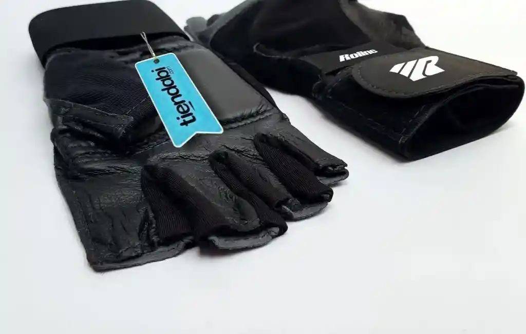  Guantes Para Pesas Gimnasio 100% Cuero Con Muñequera Negro 