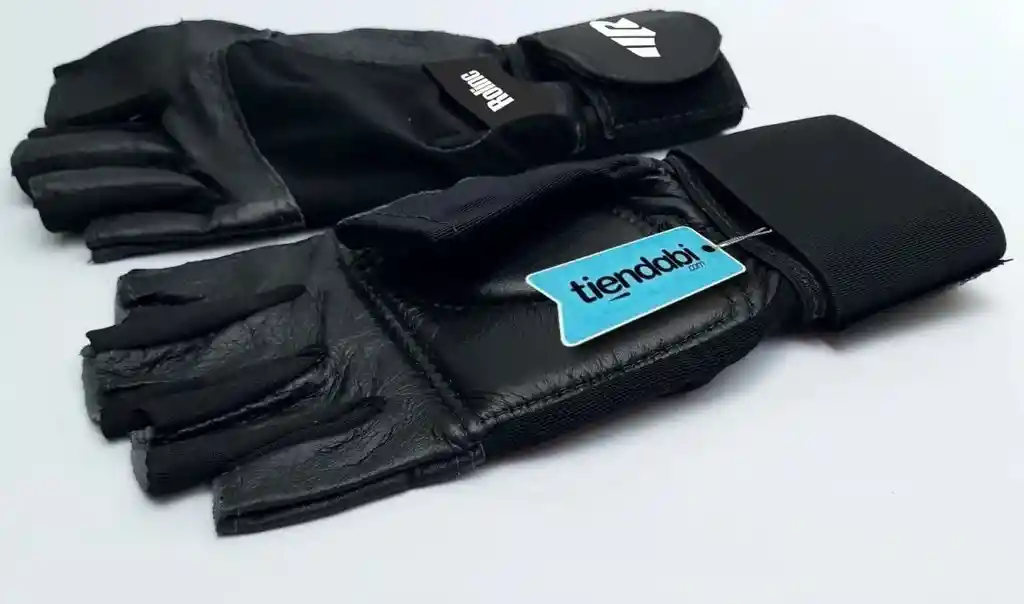  Guantes Para Pesas Gimnasio 100% Cuero Con Muñequera Negro 