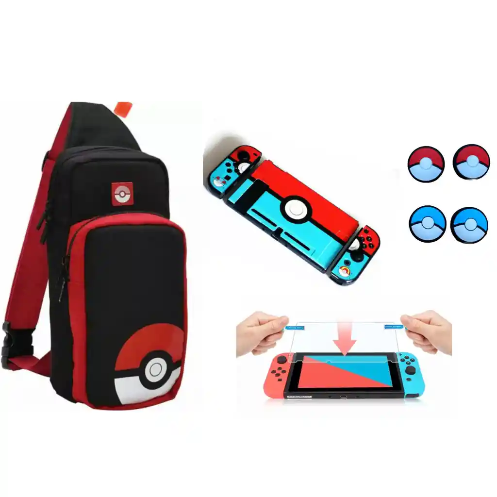 Nintendo Switch Maleta Riñonera Pokebola +4 Grips +Vidrio +Acrilico