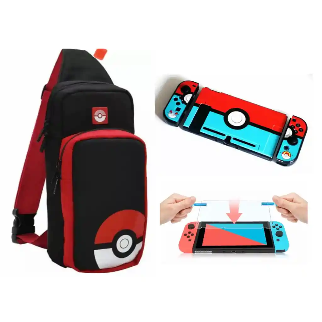 Nintendo Switch Maleta Riñonera Pokebola + Vidrio + Acrilico