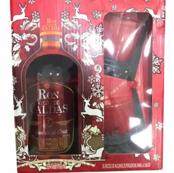  Estuche Regalo Vasos Navidad  Ron Viejo De Caldas Juan De La Cruz Anejo 5 Anos Botella 