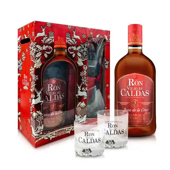  Estuche Regalo Vasos Navidad  Ron Viejo De Caldas Juan De La Cruz Anejo 5 Anos Botella 