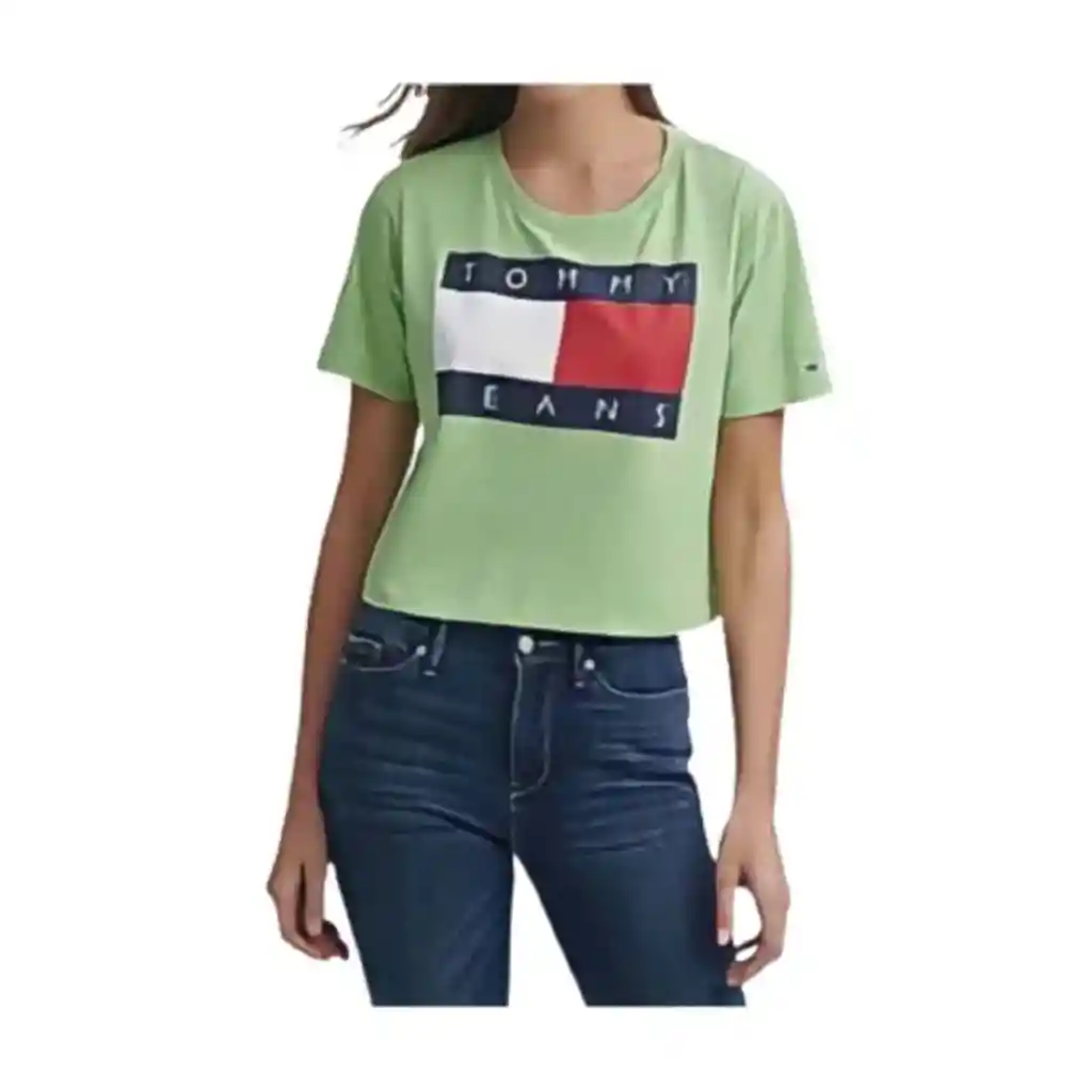 Tommy Hilfiger Talla M - Camiseta Mujerlogo-Print Cropped Cotton T-Shirt Verde