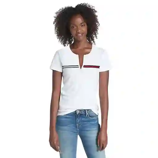 Tommy Hilfiger Talla S - Camiseta Mujert-shirt Essential Split-neck White Algodon Cuello Redondo Escote V