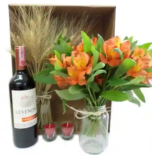 Flores Frescas Caja Regalo, Vino, Espigas En Frascos De Vidrio Y Velas