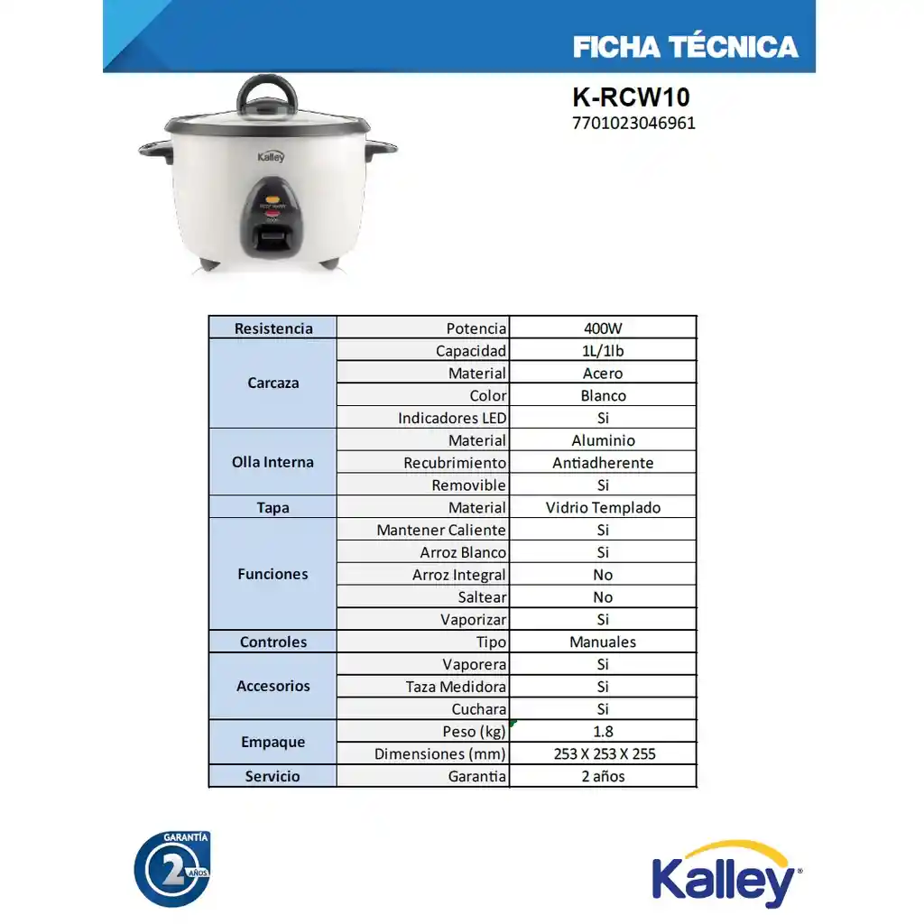 Kalley Arrocera 5 Tazas K-Rcw10 1.0 Litros/ 1 Libra Blanca