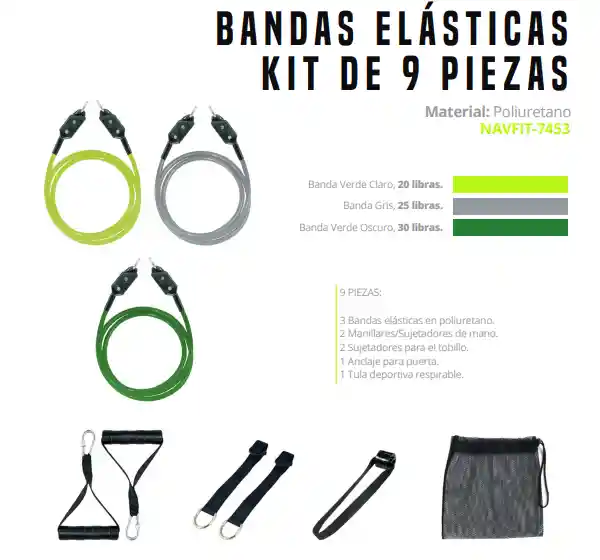 Kit De 3 Bandas Ejercicio Elásticas De Resistencia 9 Piezas - Entrena En Casa