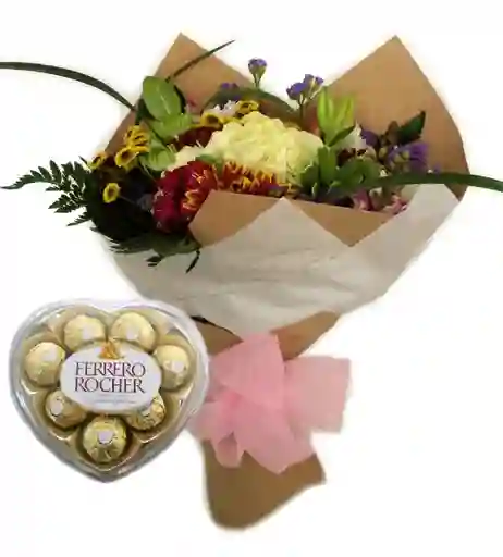 Flores Bouquet En De Temporada Y Ferrero Caja Corazon X8