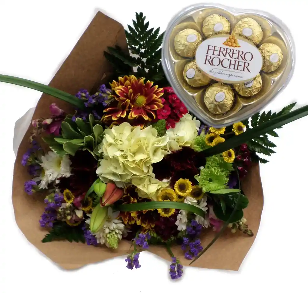 Flores Bouquet En De Temporada Y Ferrero Caja Corazon X8