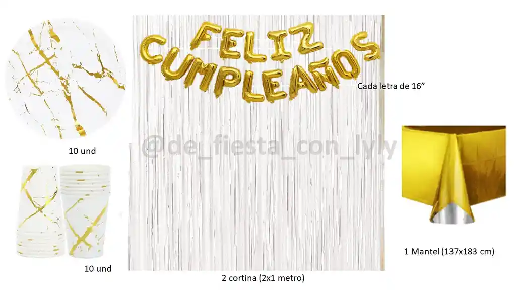 Kit Decoración Fiesta Cumpleaños Dorado Para 10 Personas