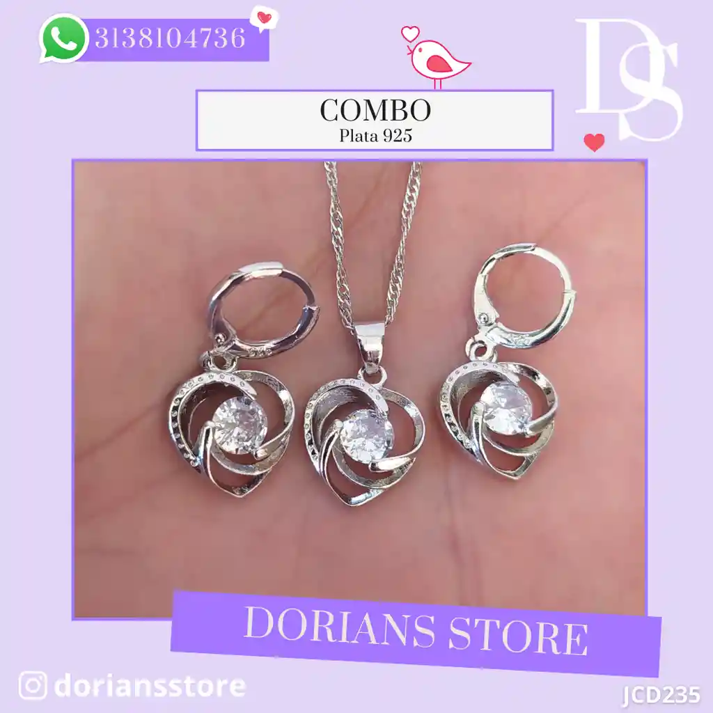 Juego Joyeria De Plata 925, Aretes Con Cadena Y Dije (jcd235)