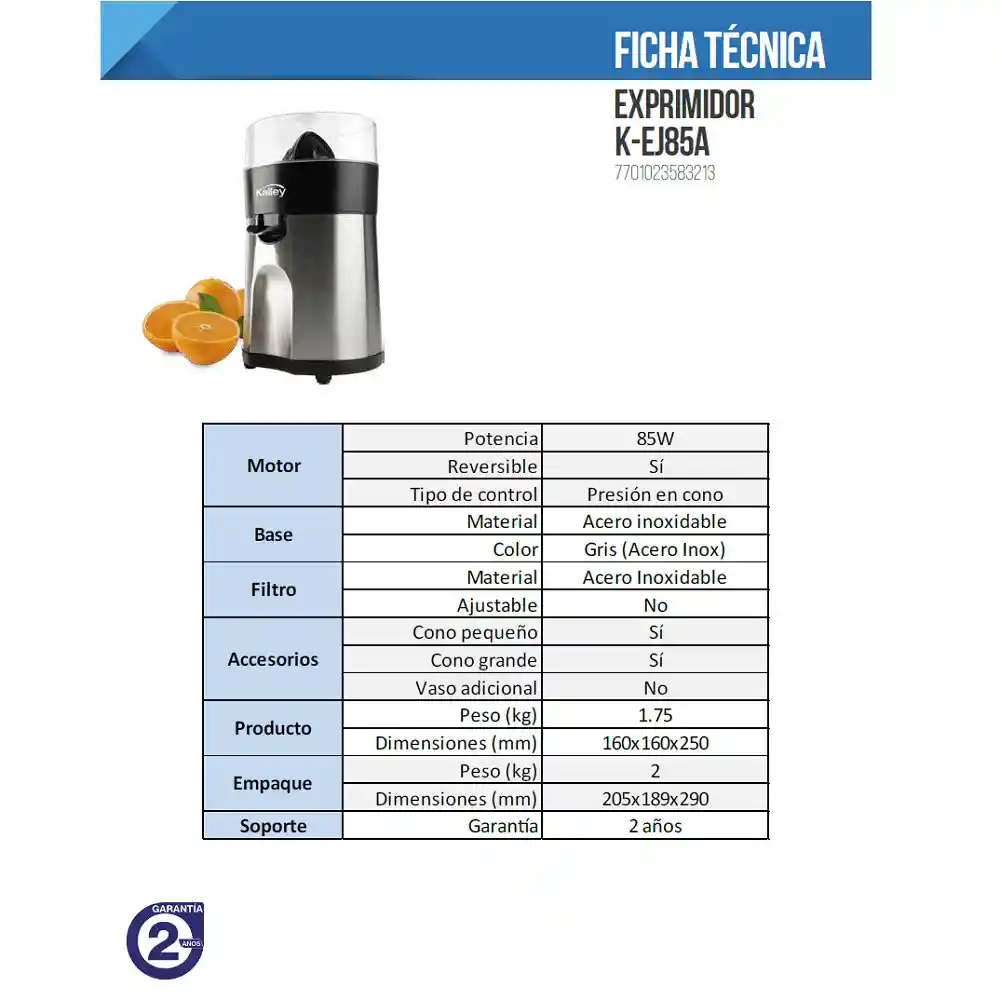 Kalley Exprimidor De Cítricos Eléctrico K-Ej85A Acero Inoxidable