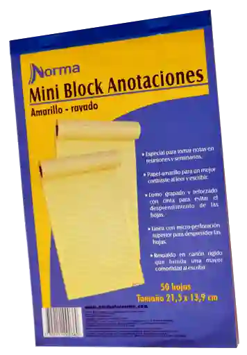 Hojas Mini Block Anotaciones Amarillo Rallado Marca Norma X 50Tamano 21.5 X 13.9 Cm"