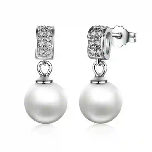 Aretes Elegantes Para Mujer Blanco Perla Circón En Plata 925