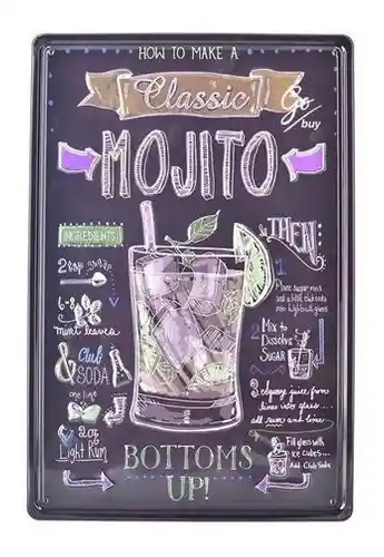 Letrero Aviso Metálico Con Relieve Para Decorar Bar, Cafe Mojito