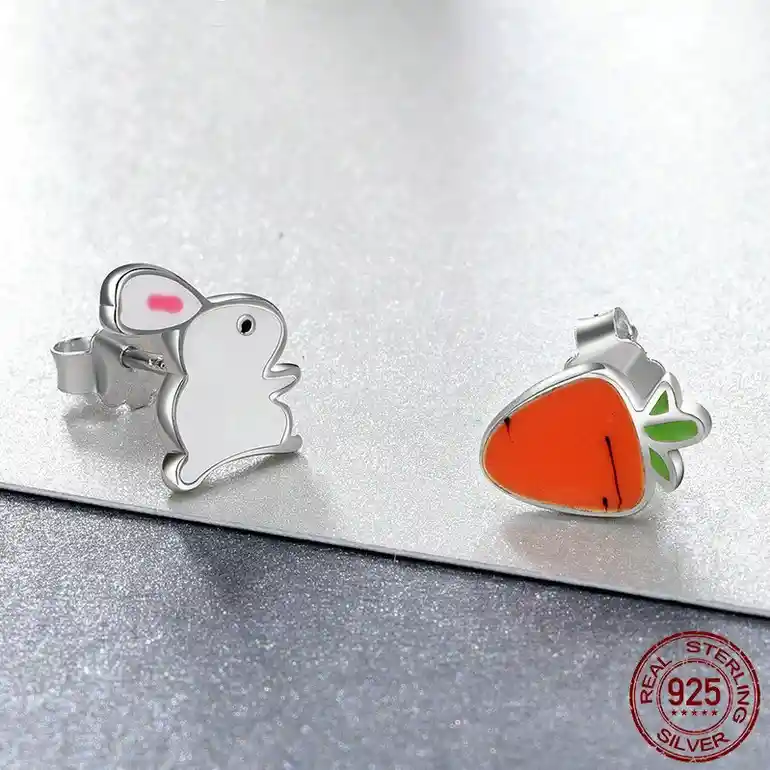 Aretes Para Mujer Conejo Zanahoria Fabricados En Plata 925