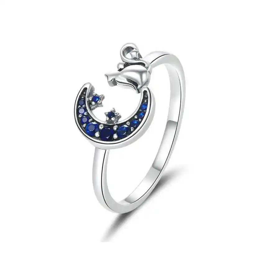 Anillo Para Mujer Gato Luna Ajustable En Plata 925