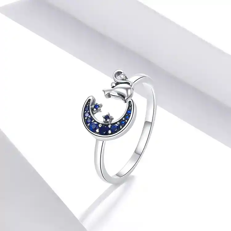 Anillo Para Mujer Gato Luna Ajustable En Plata 925