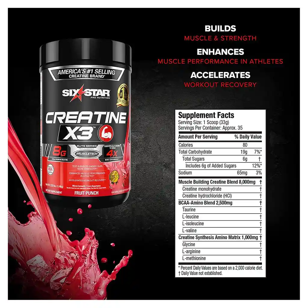 Six Star Pro Nutrition Creatina X3 En Polvo Fruit Punch 2.19 Lbs.(993g)