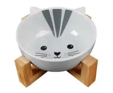 Comedero De Cerámica Con Base De Madera