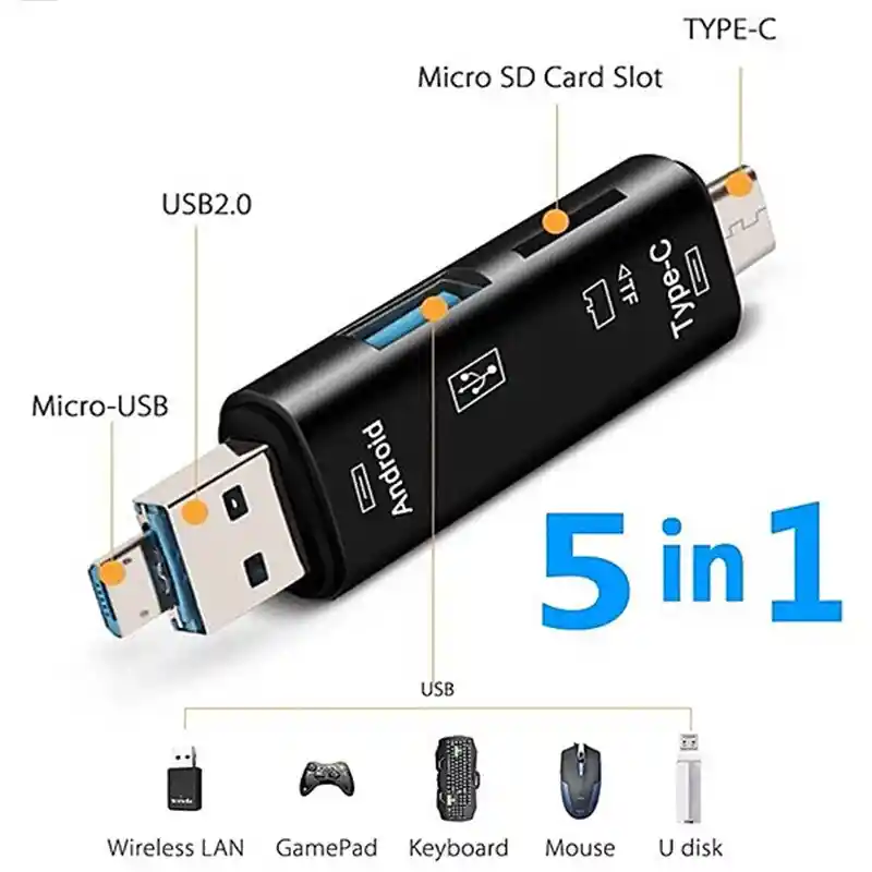 Adaptador Lector De Tarjetas Otg Tipo C Usb Micro Usb Sd Tf Memoria 5 En 1