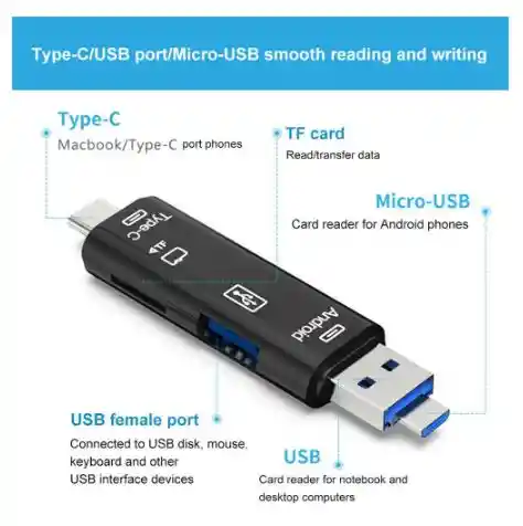 Adaptador Lector De Tarjetas Otg Tipo C Usb Micro Usb Sd Tf Memoria 5 En 1