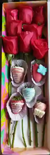Caja De Rosas Y Fresas Con Chocolate