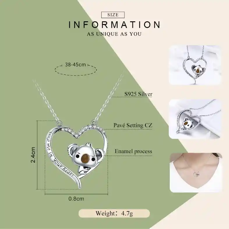 Collar Para Mujer Dije Oso Koala Amor Fabricado Plata 925