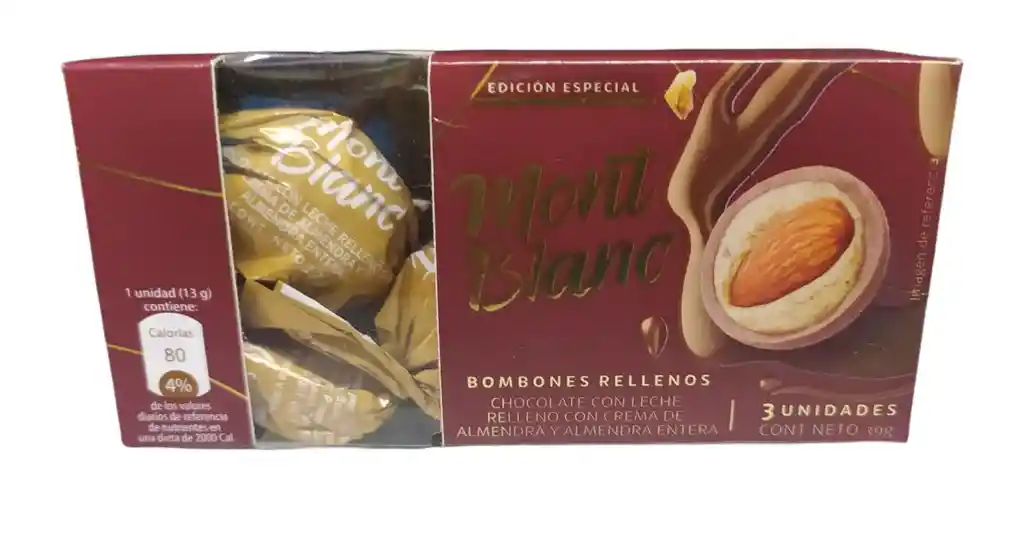   Mont Blanc  Bombonesrellenos De Chocolate Leche Crema De Almendra Y Almendra X3 Unidades 