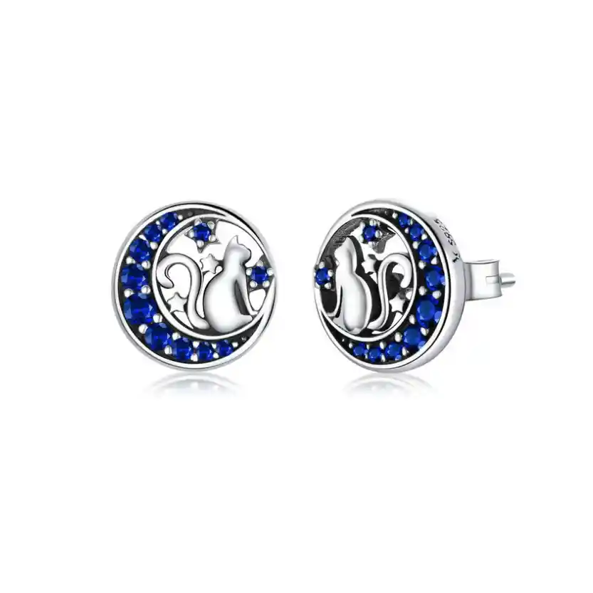 Aretes Topos Para Mujer Gato Luna Fabricados En Plata 925