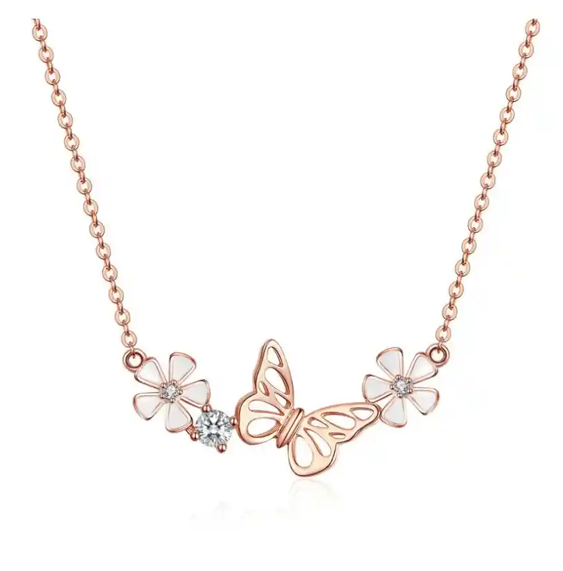 Collar Cadena Para Mujer Mariposa Flor En Plata 925 Chapado En Oro Rosado