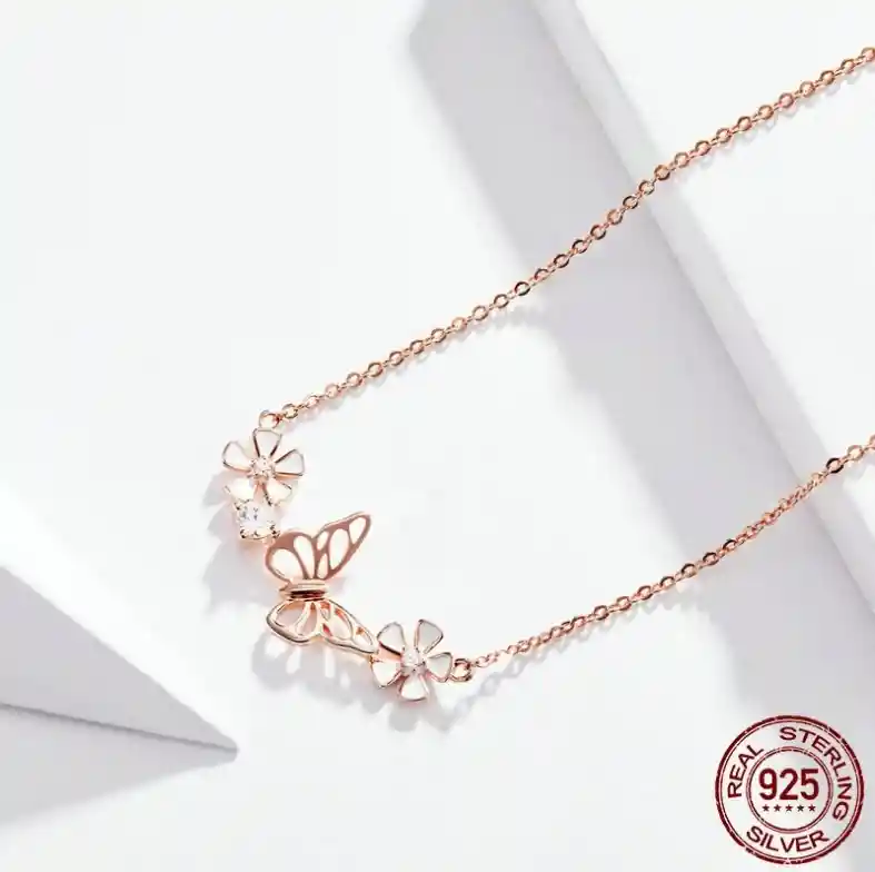 Collar Cadena Para Mujer Mariposa Flor En Plata 925 Chapado En Oro Rosado