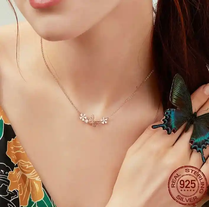 Collar Cadena Para Mujer Mariposa Flor En Plata 925 Chapado En Oro Rosado
