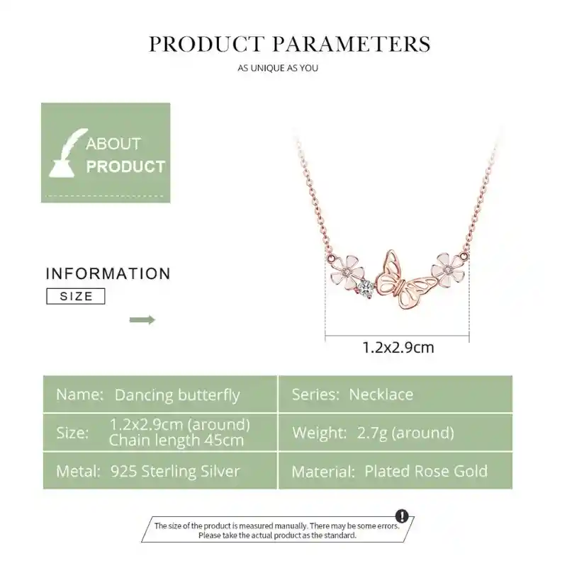 Collar Cadena Para Mujer Mariposa Flor En Plata 925 Chapado En Oro Rosado