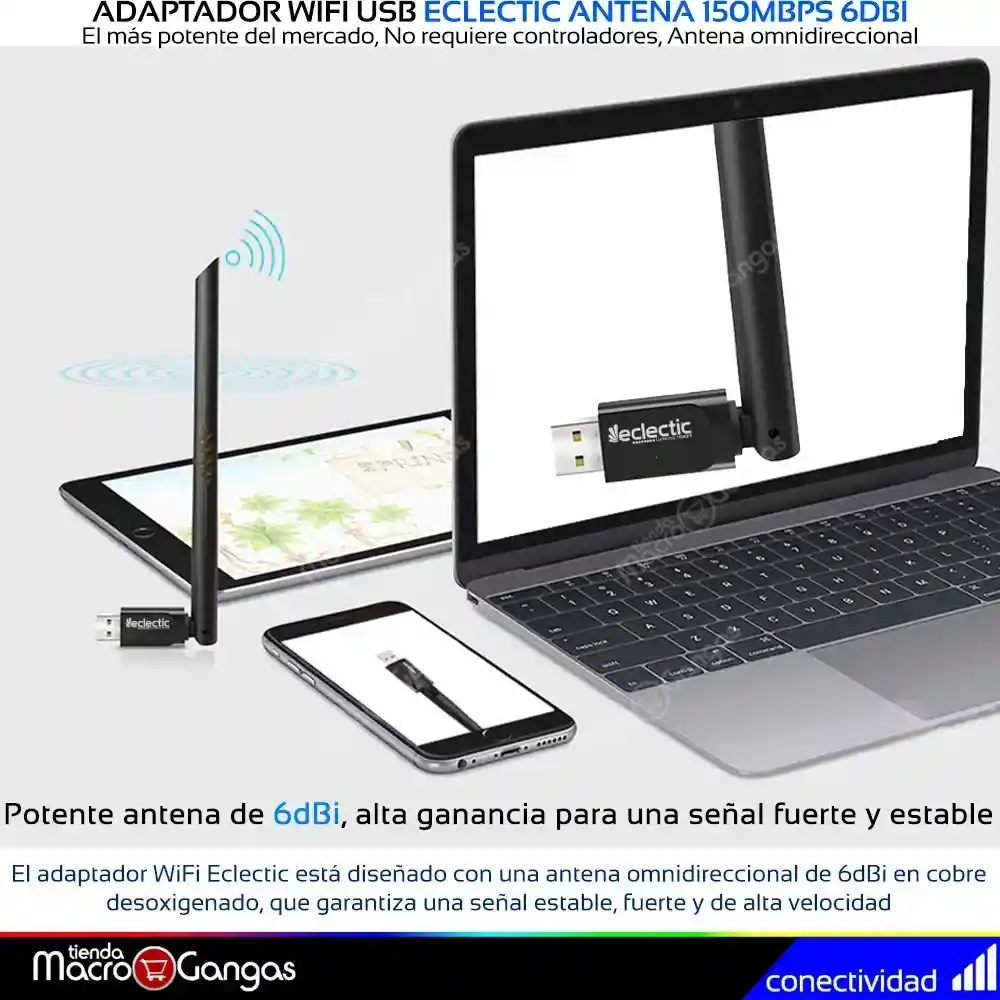 Adaptador Antena Wifi Usb Eclectic 6dbi Rompemuros Autoinstalable