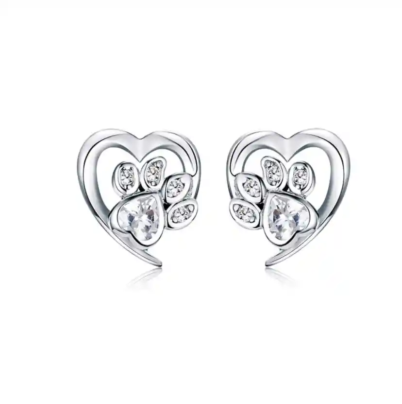 Aretes Corazón Huella Perro Gato Mujer Cristales Y Plata 925