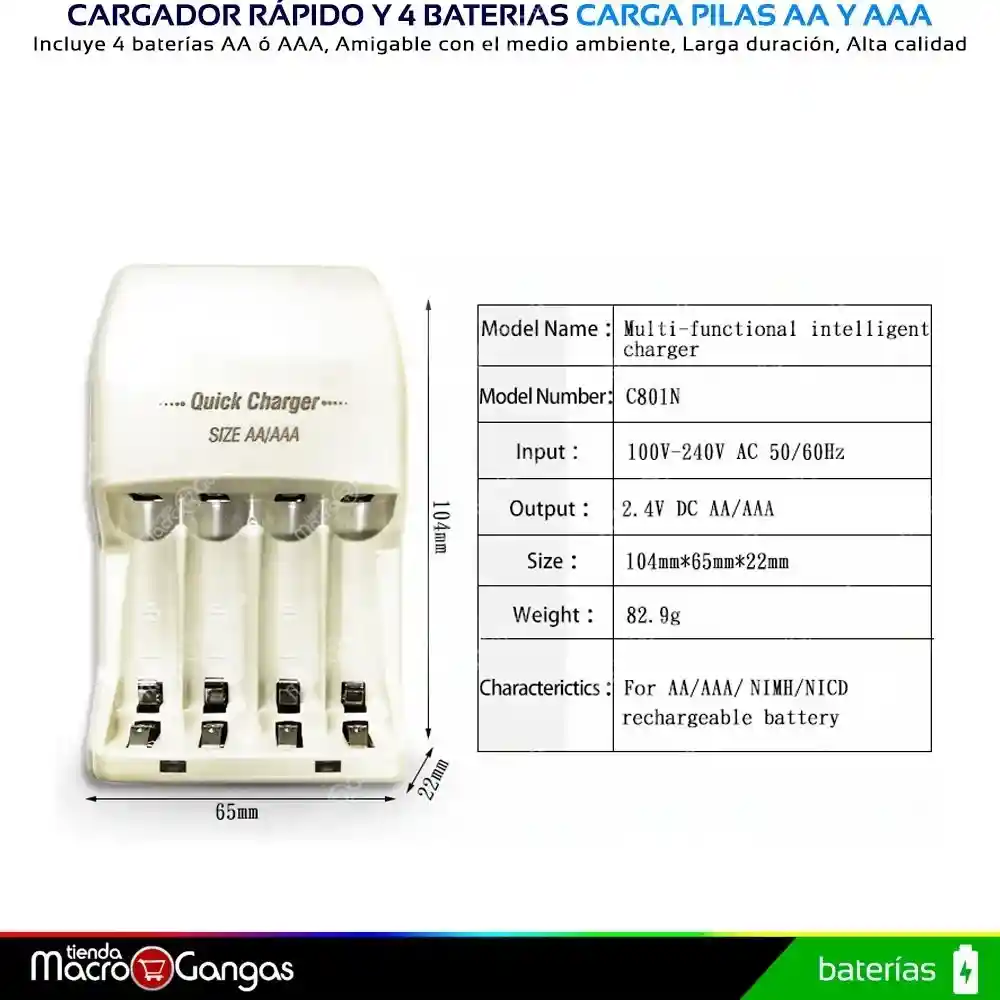 Cargador Baterías Recargables Con Pilas Aa Aaa Carga Rápida