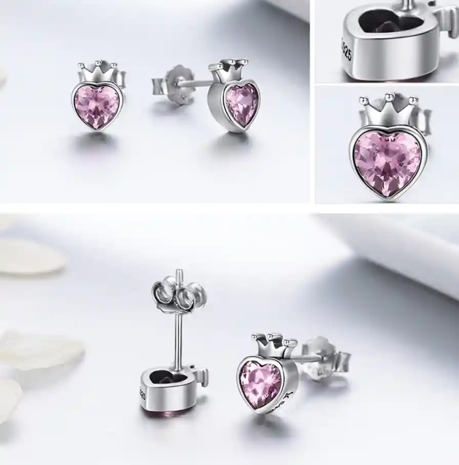 Aretes Topos Corona Reina Cristal Rosado Para Mujer En Plata 925