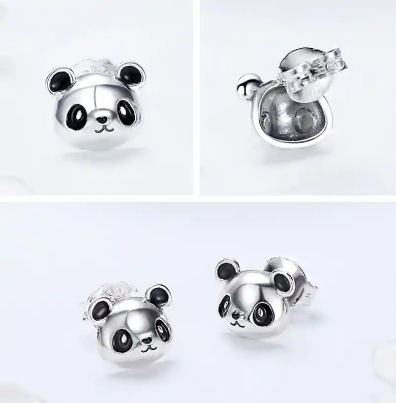 Aretes Topos Para Mujer Oso Panda Fabricados En Plata 925