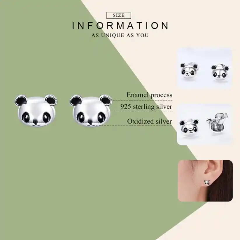 Aretes Topos Para Mujer Oso Panda Fabricados En Plata 925