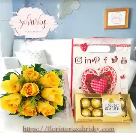 Flores En Pereira Rosas Amarillas 18 Unidades En Ramillete Con Chocolate Ferrero X 8
