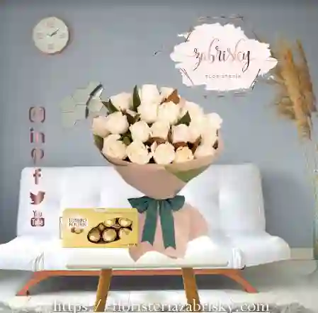 Flores En Pereira Rosas Blancas 24 Unidades En Ramillete Con Chocolate Ferrero X 8