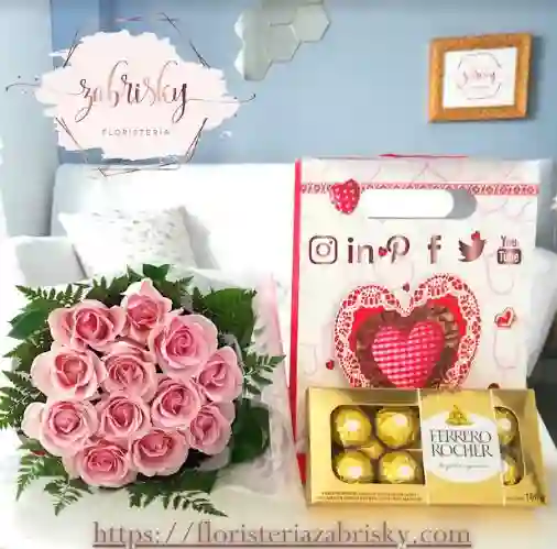 Flores En Pereira Rosas Rosadas 18 Unidades En Ramillete Con Chocolate Ferrero X 8