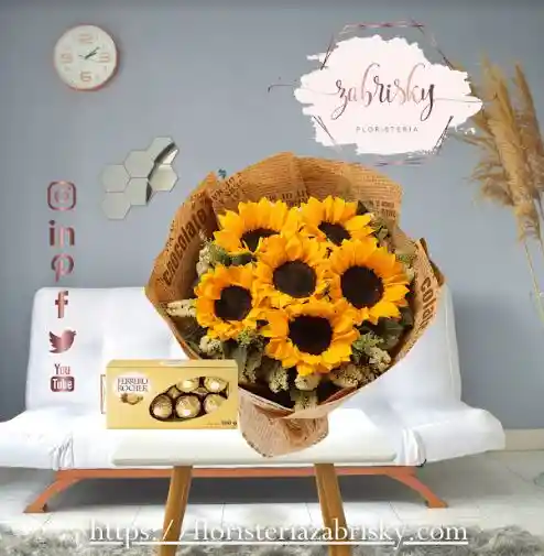 Flores En Pereira Girasoles 6 Unidades En Ramillete Con Chocolates Ferrero X 8