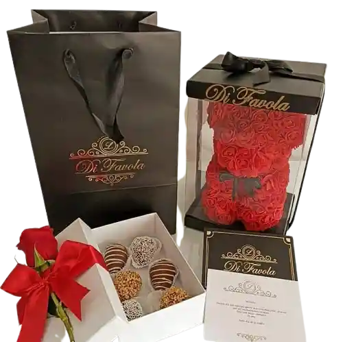 Oso De Rosas Rojas  pequeño Y Caja X 6 Fresas Con Chocolate 