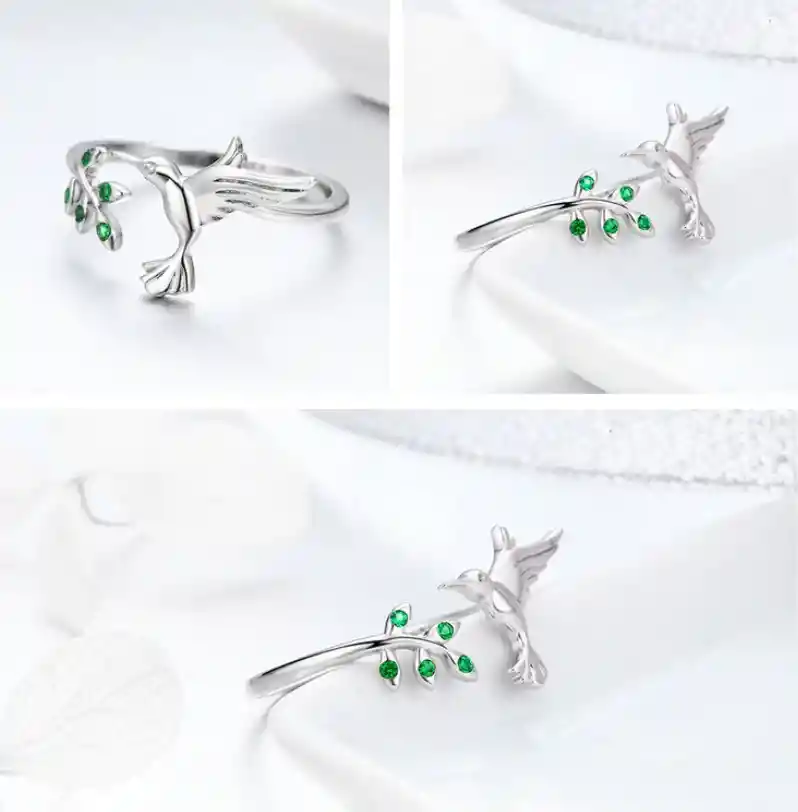 Anillo Ajustable Para Mujer Pájaro Colibrí Rama En Plata 925