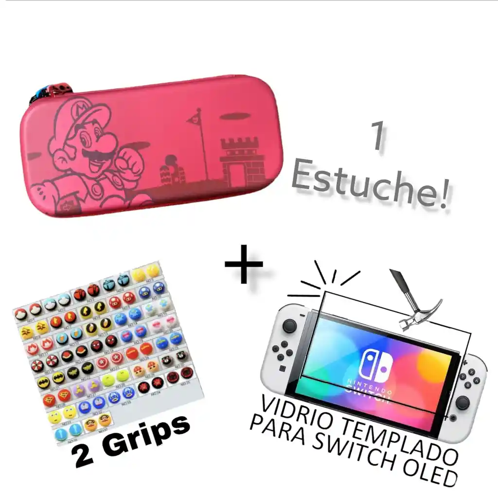 Estuche Nintendo Switch Oled Diseño Mario + Vidrio Templado + 2 Gomas Protectoras Para Joycon