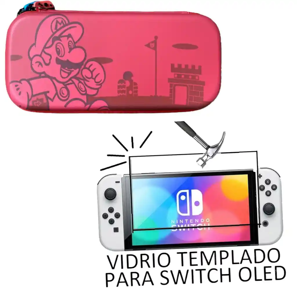 Estuche Nintendo Switch Oled Nuevo Diseño Mario + Vidrio Templado