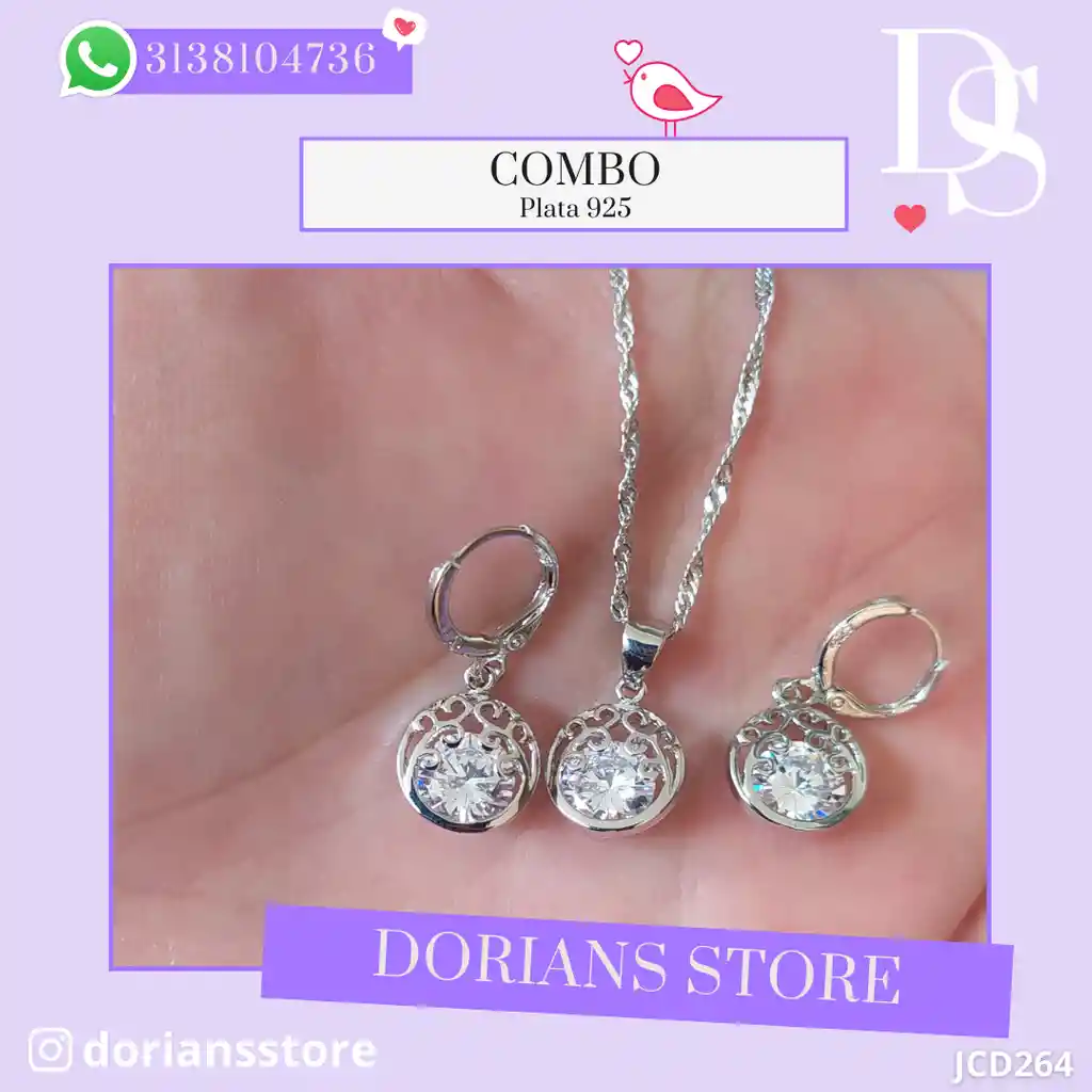 Juego Joyeria De Plata 925, Aretes Con Cadena Y Dije (jcd264)