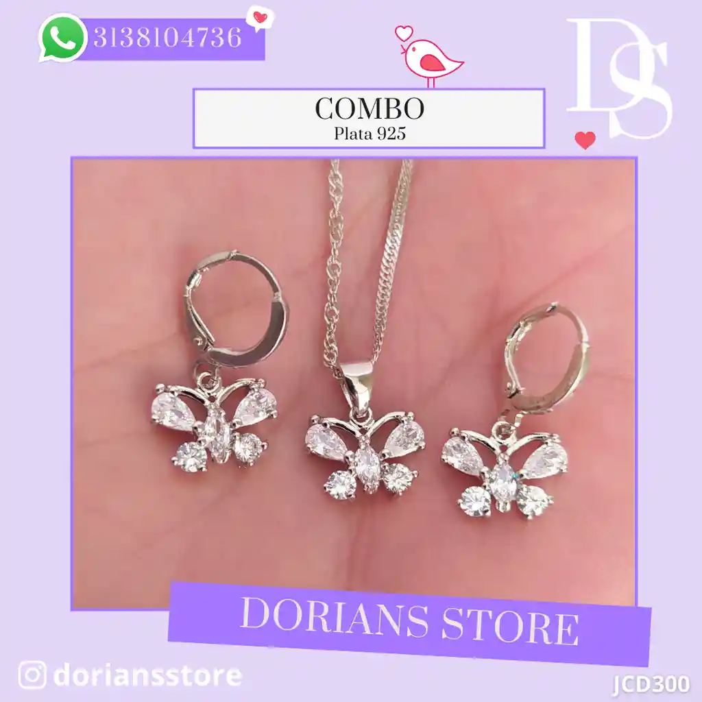 Juego Joyeria De Plata 925, Aretes Con Cadena Y Dije (jcd300)